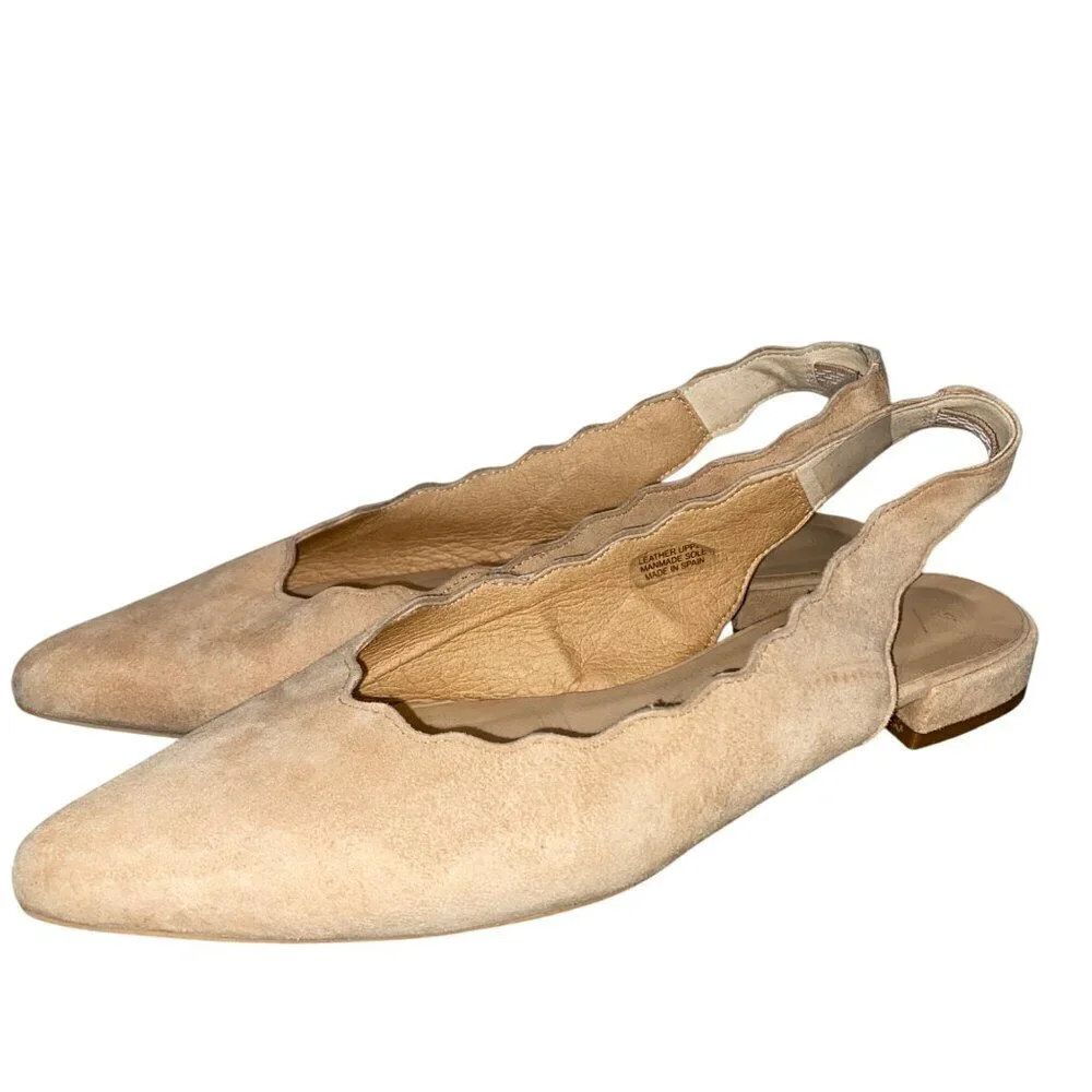 Anthropologie Beige Suede Scalloped Slingback Flats Womens Size 37 neutral
